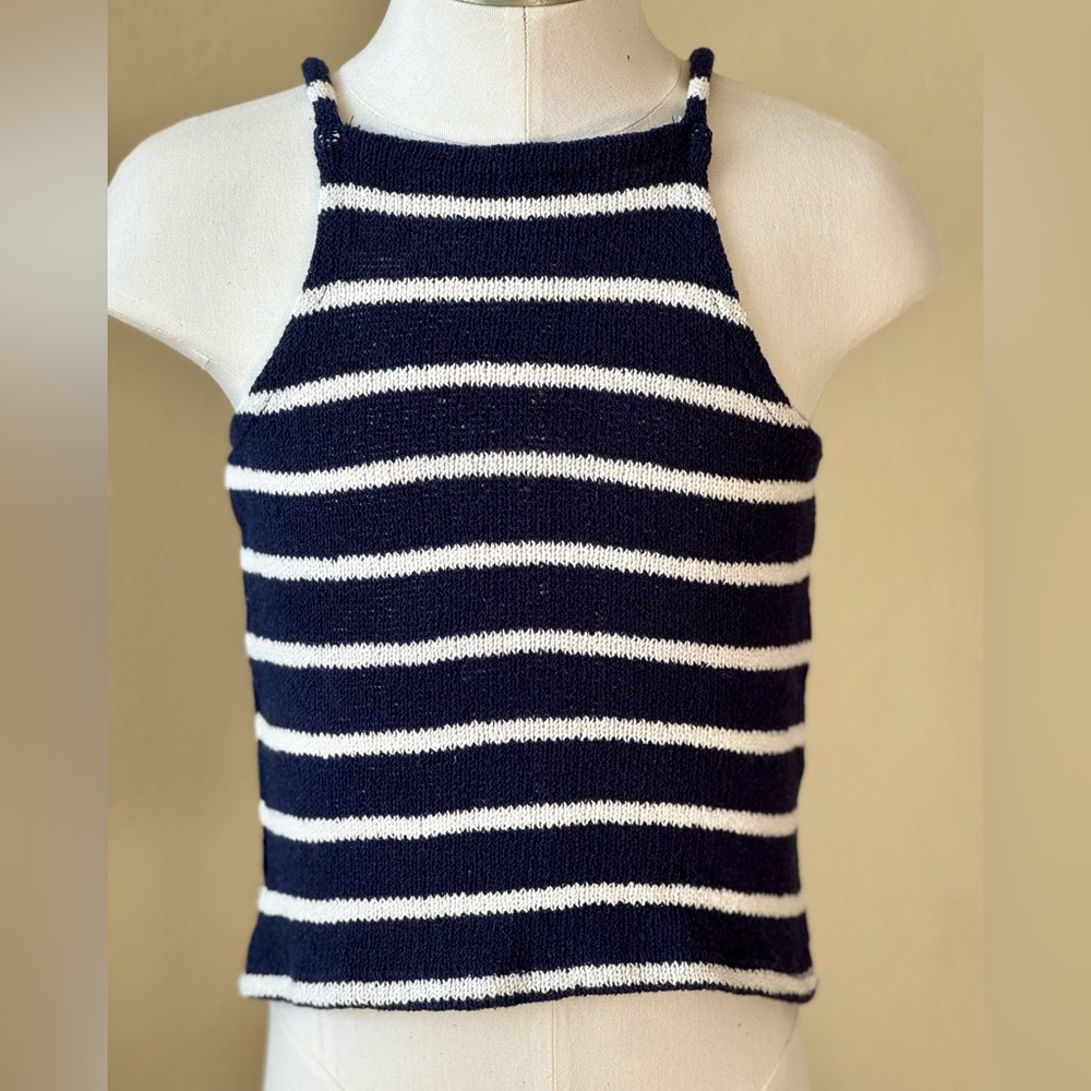 Mango Navy and White Striped Knit Halter Top